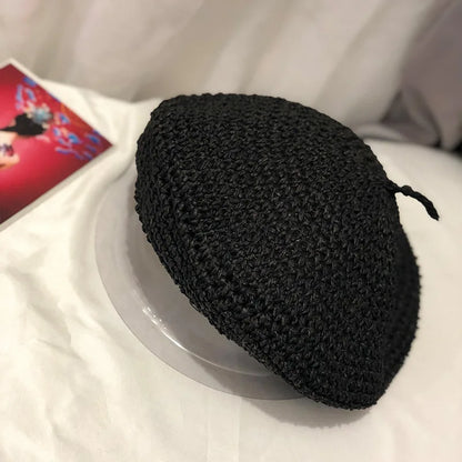 Summer Hat  Breathable Handmade Crochet Berets Caps for Women Fashion Mushroon Hat Black Straw Beret for Girl Bonnet