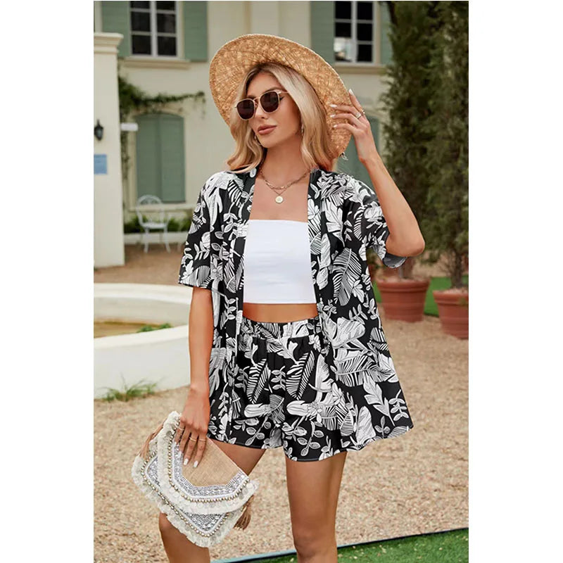 2024 Summer Casual Shirt Two Piece Set For Women Shorts 2 Piece Sets Outfit Print  Short Sleeve Short Sets Outfits Home Sets