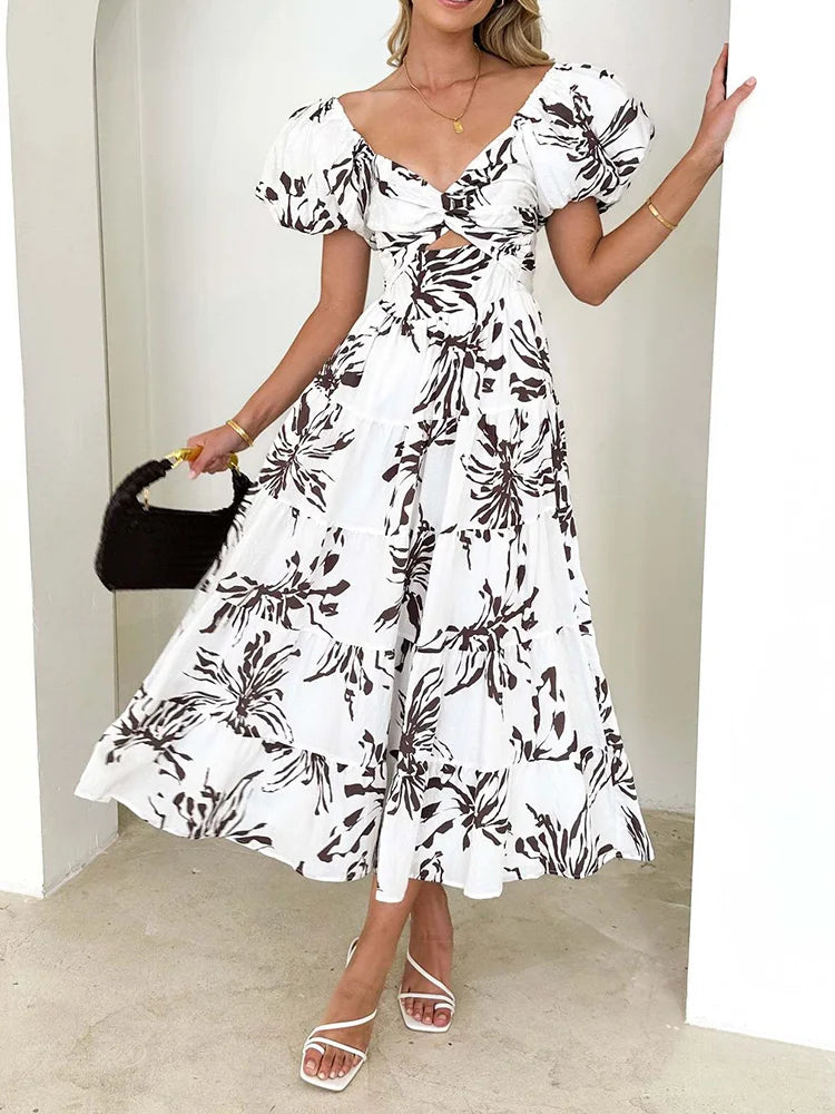 V-Neck Short Puff Sleeve Fashion Party Dress, Women Summer Printing Patchwork Loungewear Dress, Hollow Out Elegant Ladies Dress