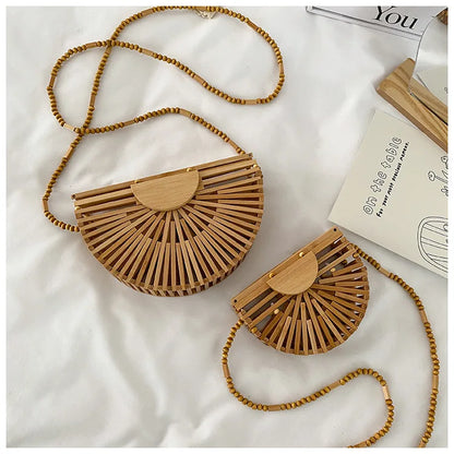 Fashion Half Moon Wooden Shoulder Crossbody Bags for Women Bamboo Woven Summer Beach Straw Bag Rattan Small Phone Purse Mini Sac