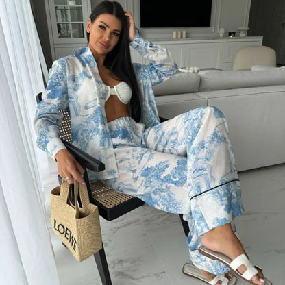 Elegant Women Ink Print Two Piece Pants Set Chic Y2K Tracksuit 2024 Sport Streetwear Outfits Loose Shirt Top Wide Leg Pants Suit