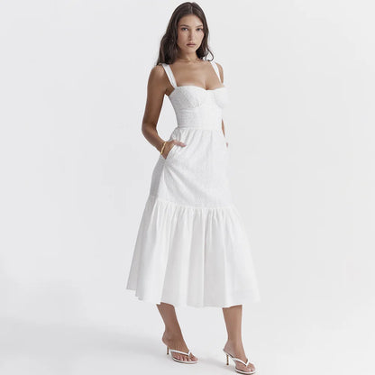 Mozision Elegant White Spaghetti Strap Midi Dress For Women Fashion Strapless Sleeveless Backless A-line Club Party Dress