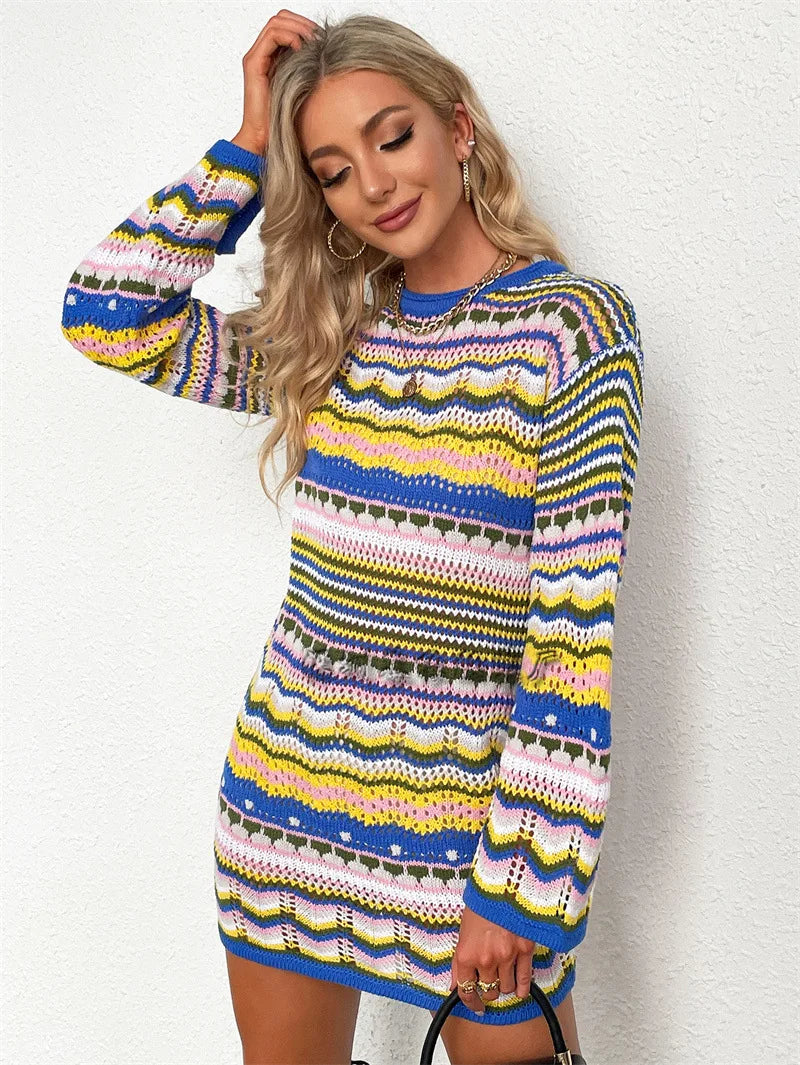 Rainbow Stripes Knitted Dresses Women Fashion Temperament Hollow Out Long Sleeve Pullover Sweater Dress Female Autumn Winter New