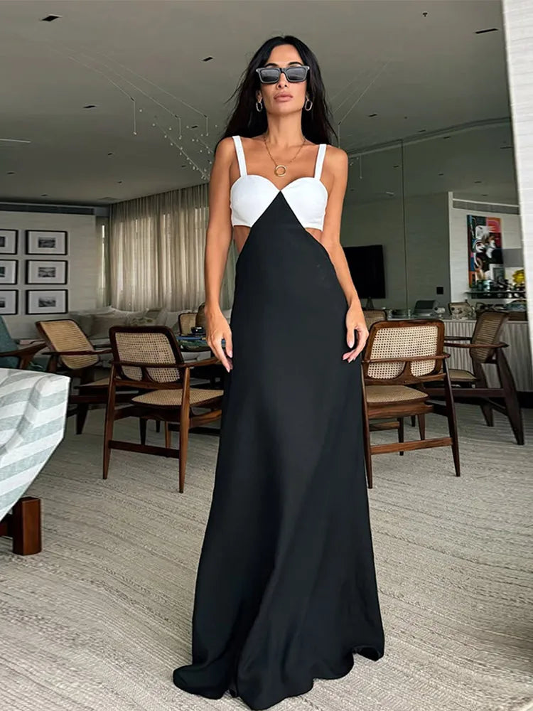 Fashion Gauze Contrasting Color Strap Maxi Dress For Women Elegant Backless Sleeveless High Waist Vestidos Chic Lady Party Robes