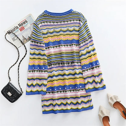 Rainbow Stripes Knitted Dresses Women Fashion Temperament Hollow Out Long Sleeve Pullover Sweater Dress Female Autumn Winter New