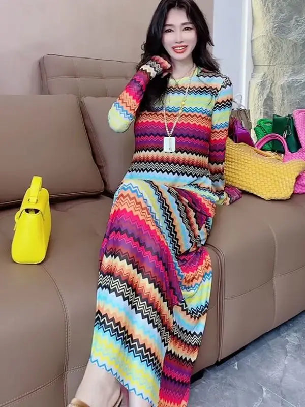 2024 Summer New Rainbow Stripe Mesh Print Slim Comfortable Slimming Versatile Round Neck Fashionable European Hot Selling Dress