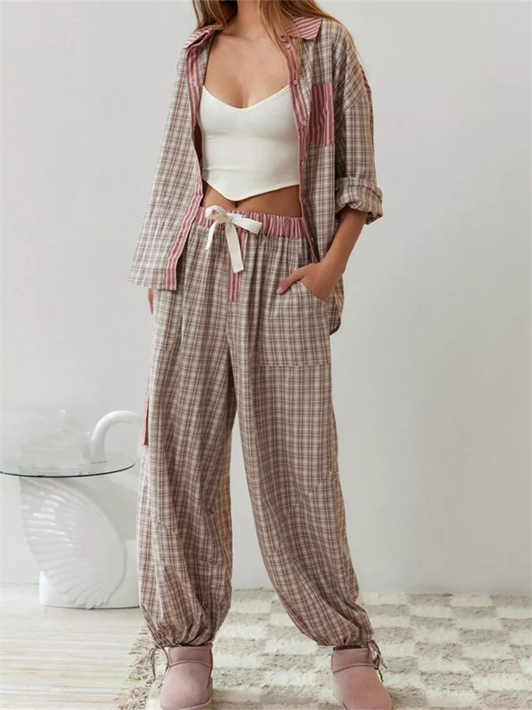 CHRONSTYLE Women Pajama Sets Plaid Patchwork Long Sleeve Button Closure Shirts Elastic Waist Pants Sleepwear Loungewear 2024 New