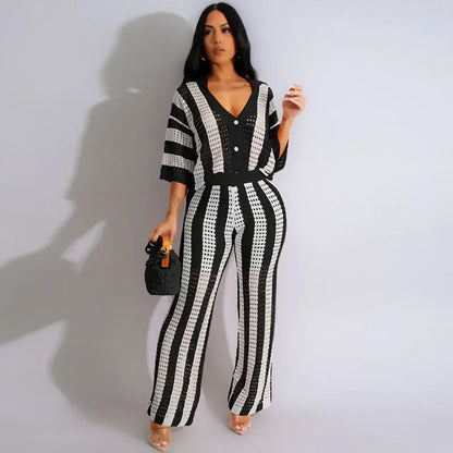 Striped Knitted Pants Set Women 2 Piece Outfit Elegant Hollow Out Button Up V-neck Top and Wide Leg Pants Matching Sets Birthday