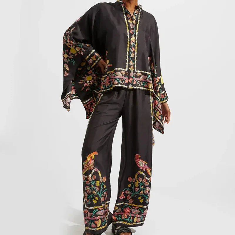 Spring Summer Pattern Printed Loose Suit Women's Vintage Irregular Outfit Fashion O Neck Batwing Sleeve Top with Long Pants Set