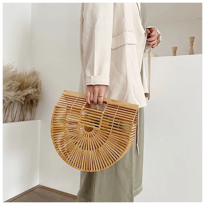 Women's Handmade Bamboo Basket Half-round Outdoor Beach Travel Handbag Fashion Designer Top-Handle Bags Retro Braided Bamboo Bag