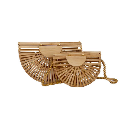 Fashion Half Moon Wooden Shoulder Crossbody Bags for Women Bamboo Woven Summer Beach Straw Bag Rattan Small Phone Purse Mini Sac