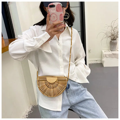 Fashion Half Moon Wooden Shoulder Crossbody Bags for Women Bamboo Woven Summer Beach Straw Bag Rattan Small Phone Purse Mini Sac