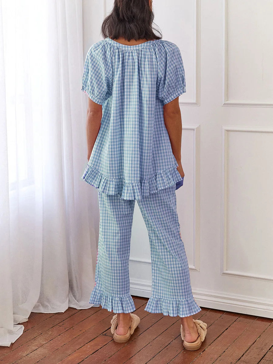 Women Y2k Plaid 2 Piece Pajama Set Tie Front Puff Sleeve Babydoll Shirt Gingham Pants Pj Lounge Set Sleepwear