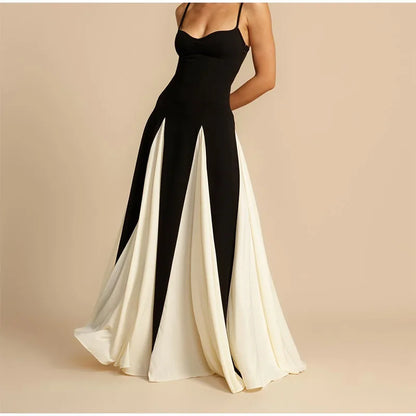 Fashion Gauze Contrasting Color Strap Maxi Dress For Women Elegant Backless Sleeveless High Waist Vestidos Chic Lady Party Robes