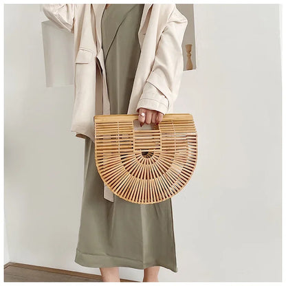 Women's Handmade Bamboo Basket Half-round Outdoor Beach Travel Handbag Fashion Designer Top-Handle Bags Retro Braided Bamboo Bag