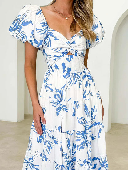 New Hollow Out Puff Sleeve Fashion Maxi Dress, Women Summer Patchwork Print Party Dress, V-Neck Beach Style Ruffles Ladies Dress