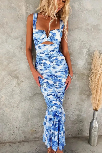 Ladies Summer Floral Print New Fashion Evening Party Dress Women Sleeveless Backless Maxi Dresses Birthday Clubwear Fall Outfits