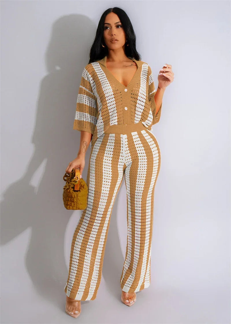 Striped Knitted Pants Set Women 2 Piece Outfit Elegant Hollow Out Button Up V-neck Top and Wide Leg Pants Matching Sets Birthday