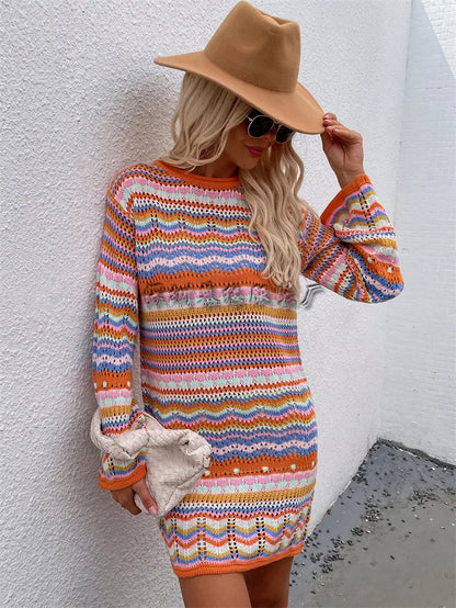 Rainbow Stripes Knitted Dresses Women Fashion Temperament Hollow Out Long Sleeve Pullover Sweater Dress Female Autumn Winter New