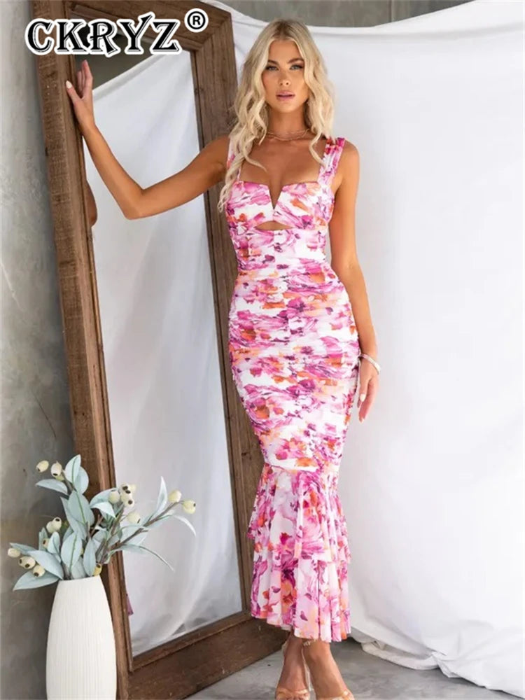 Ladies Summer Floral Print New Fashion Evening Party Dress Women Sleeveless Backless Maxi Dresses Birthday Clubwear Fall Outfits