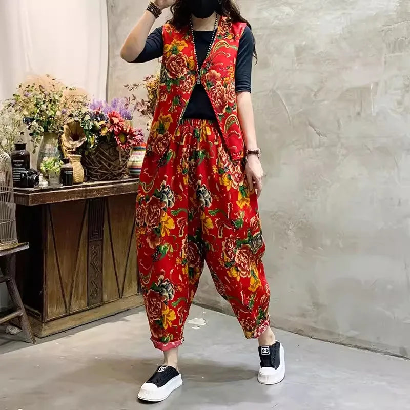 Mom's Set Trendy Ethnic Style Northeast Big Flower Clothing Peony Printed Fashion 2 Piece Large Size Vest And Pants Outfit Z4812