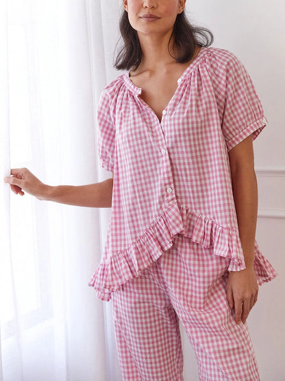 Women Y2k Plaid 2 Piece Pajama Set Tie Front Puff Sleeve Babydoll Shirt Gingham Pants Pj Lounge Set Sleepwear