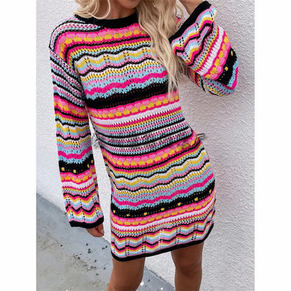 Rainbow Stripes Knitted Dresses Women Fashion Temperament Hollow Out Long Sleeve Pullover Sweater Dress Female Autumn Winter New