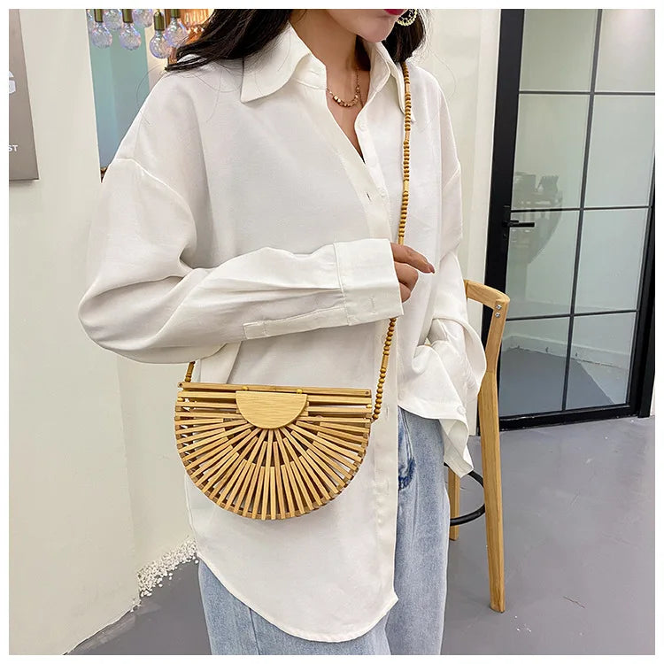 Fashion Half Moon Wooden Shoulder Crossbody Bags for Women Bamboo Woven Summer Beach Straw Bag Rattan Small Phone Purse Mini Sac