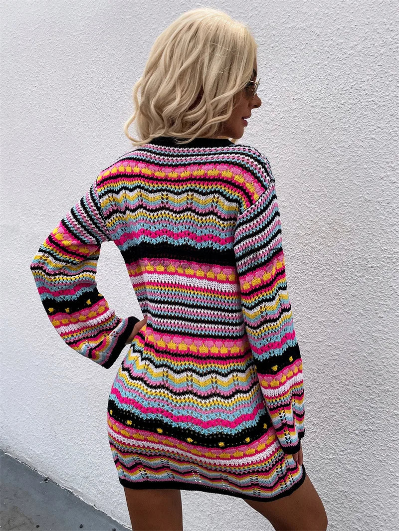 Rainbow Stripes Knitted Dresses Women Fashion Temperament Hollow Out Long Sleeve Pullover Sweater Dress Female Autumn Winter New