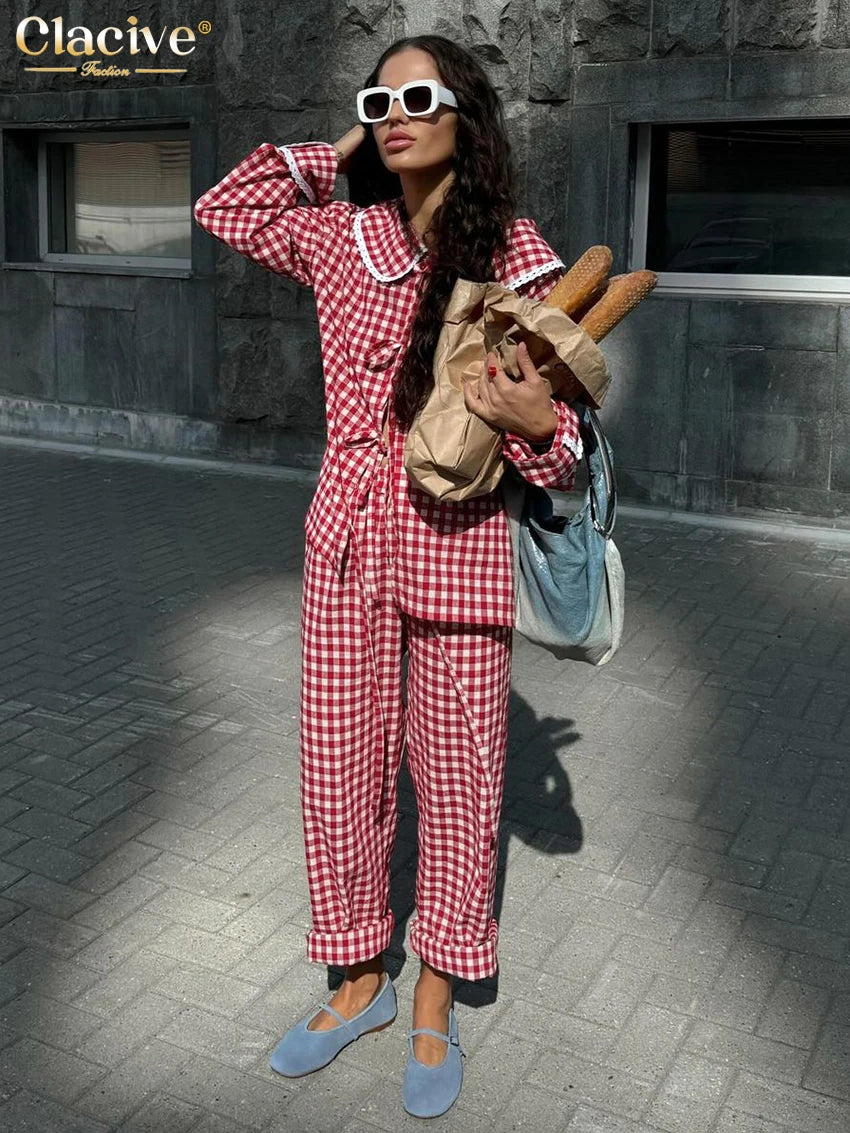 Clacive Fashion Loose Red Plaid Trousers Sets For Women 2 Pieces 2024 Elegant Long Sleeve Shirt With High Waist Pants Set Female