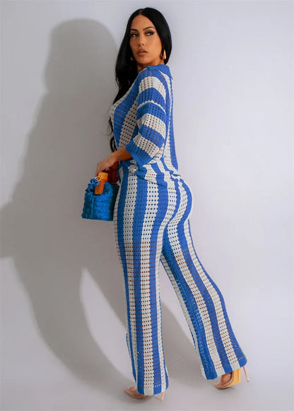 Striped Knitted Pants Set Women 2 Piece Outfit Elegant Hollow Out Button Up V-neck Top and Wide Leg Pants Matching Sets Birthday