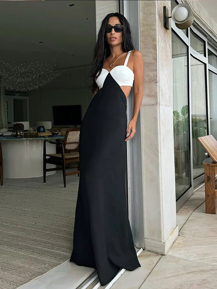 Fashion Gauze Contrasting Color Strap Maxi Dress For Women Elegant Backless Sleeveless High Waist Vestidos Chic Lady Party Robes