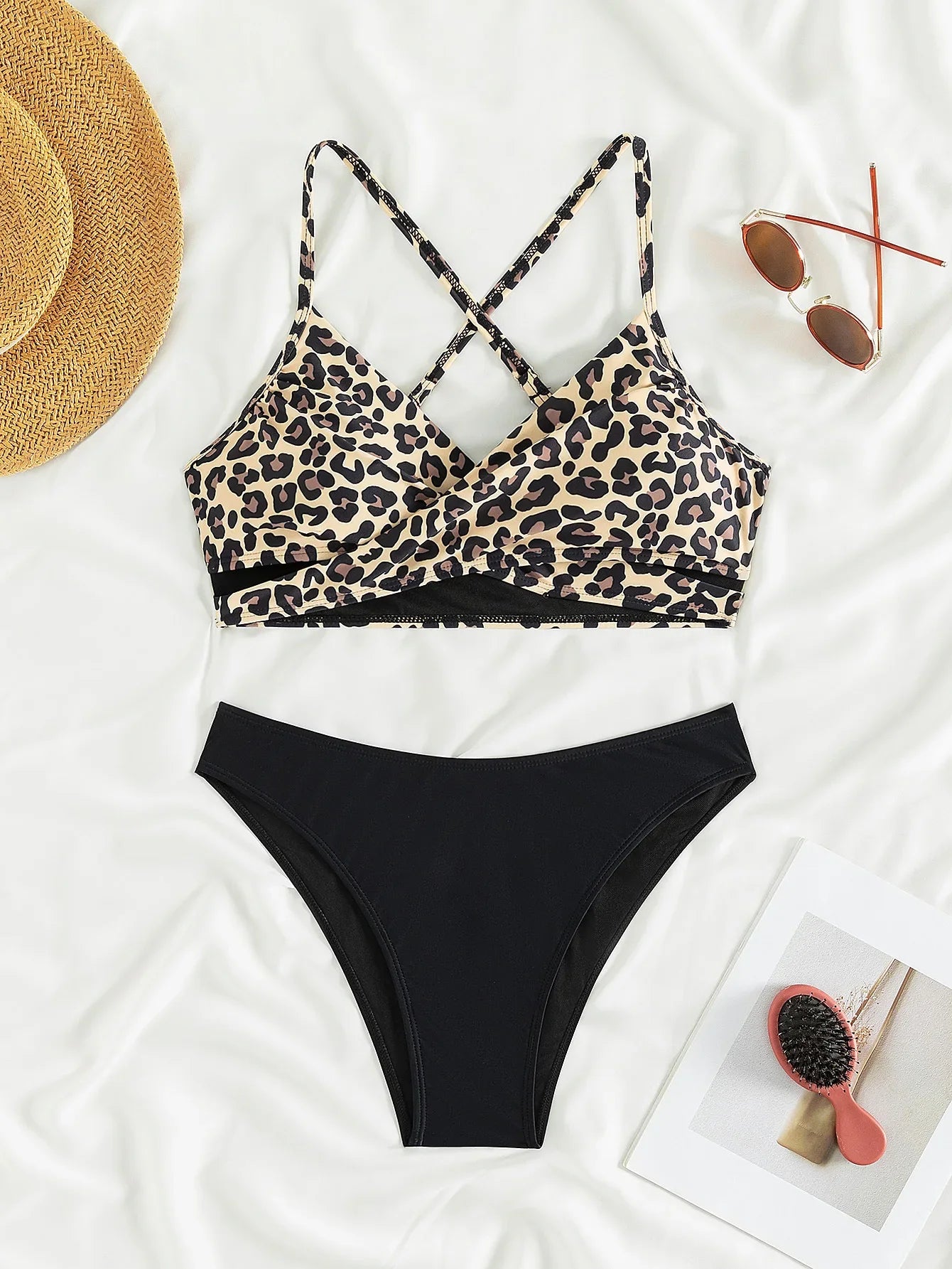 Sexy leopard print cross bikini set 2024 women halter push up black high waist swimsuit summer bathing suit two piece swimwear