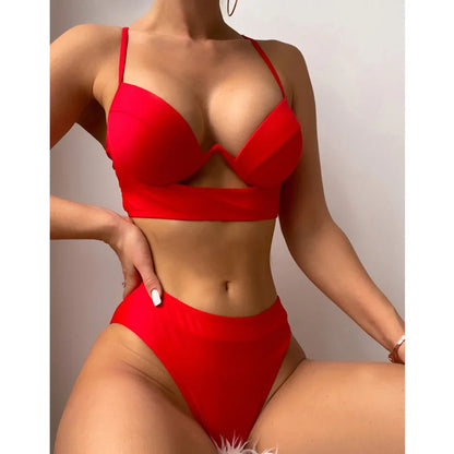 Red Sexy Bikinis Women's Solid Color Swimwear Female Swimsuit Swimming Bathing Suits Brazilian Bikini Set Beach Wear Bather Pool