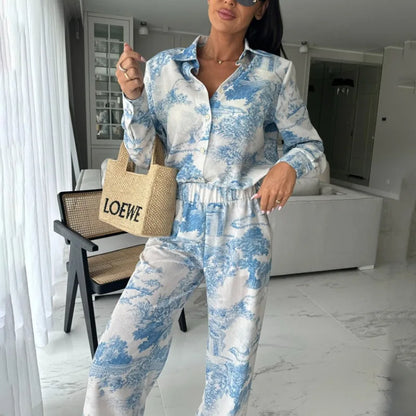 Elegant Women Ink Print Two Piece Pants Set Chic Y2K Tracksuit 2024 Sport Streetwear Outfits Loose Shirt Top Wide Leg Pants Suit