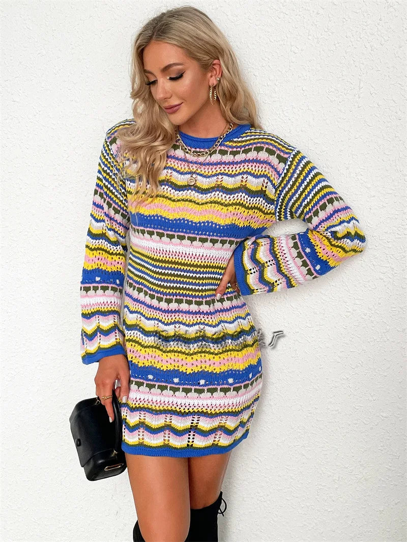 Rainbow Stripes Knitted Dresses Women Fashion Temperament Hollow Out Long Sleeve Pullover Sweater Dress Female Autumn Winter New