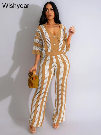 Summer Hollow Stripe Vacation Outfit for Women's Sexy Beach Lapel V Neck Half Sleeves Shirts and Wide Leg Pants Two 2 Piece Sets