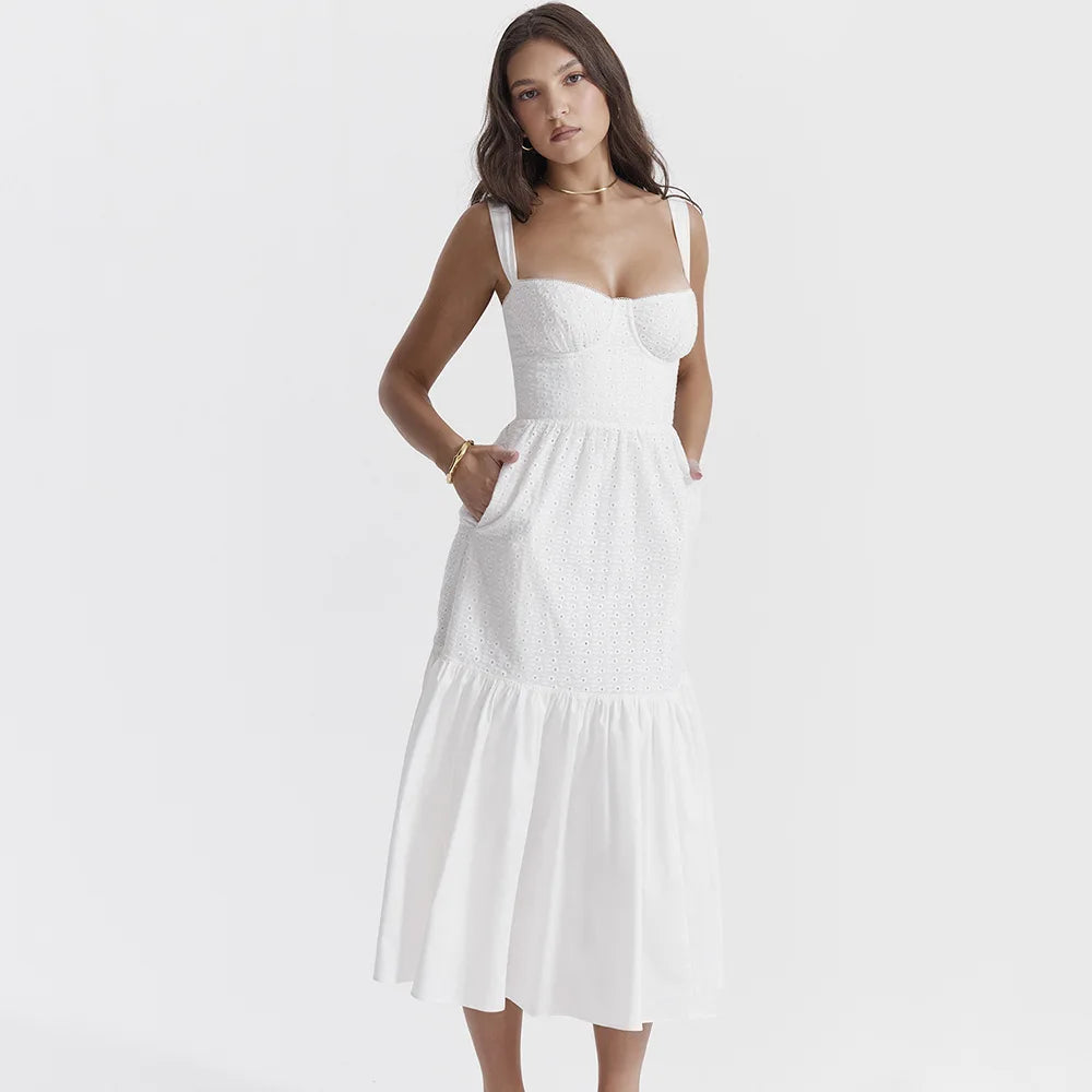 Mozision Elegant White Spaghetti Strap Midi Dress For Women Fashion Strapless Sleeveless Backless A-line Club Party Dress