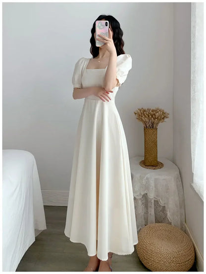 Slim Fit Women White Dress Bubble Sleeve Square Neck Light Wind Style Long Skirt Summer Casual Korean Style