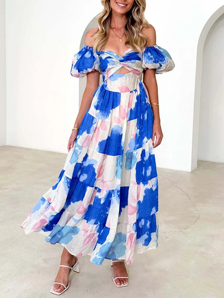 Cute Ladies Sundress Puff Sleeve Maxi Dress Elegant V Neck Backless Women Dress Summer Patchwork Sexy Hollow Out Beach Dresses