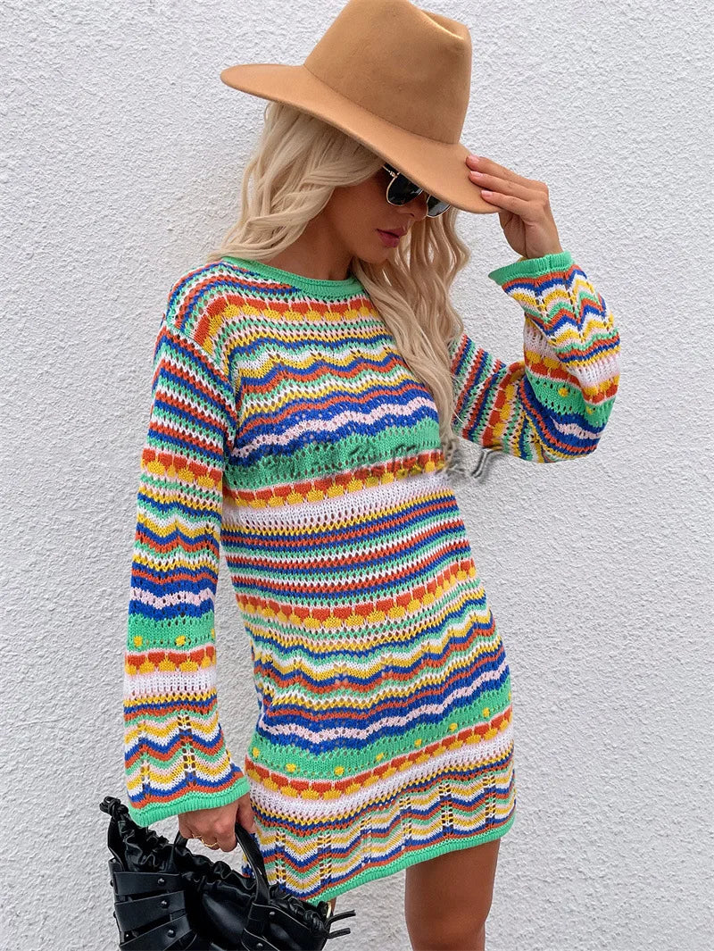 Rainbow Stripes Knitted Dresses Women Fashion Temperament Hollow Out Long Sleeve Pullover Sweater Dress Female Autumn Winter New