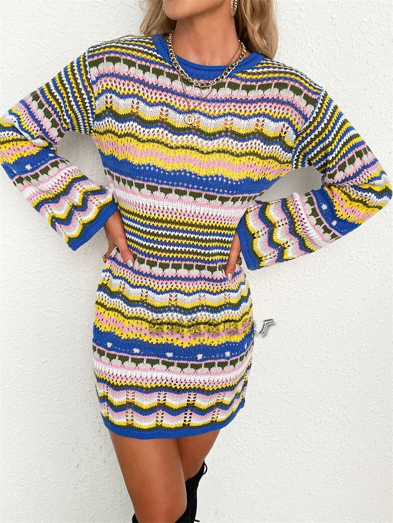 Rainbow Stripes Knitted Dresses Women Fashion Temperament Hollow Out Long Sleeve Pullover Sweater Dress Female Autumn Winter New