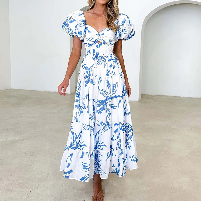 New Hollow Out Puff Sleeve Fashion Maxi Dress, Women Summer Patchwork Print Party Dress, V-Neck Beach Style Ruffles Ladies Dress