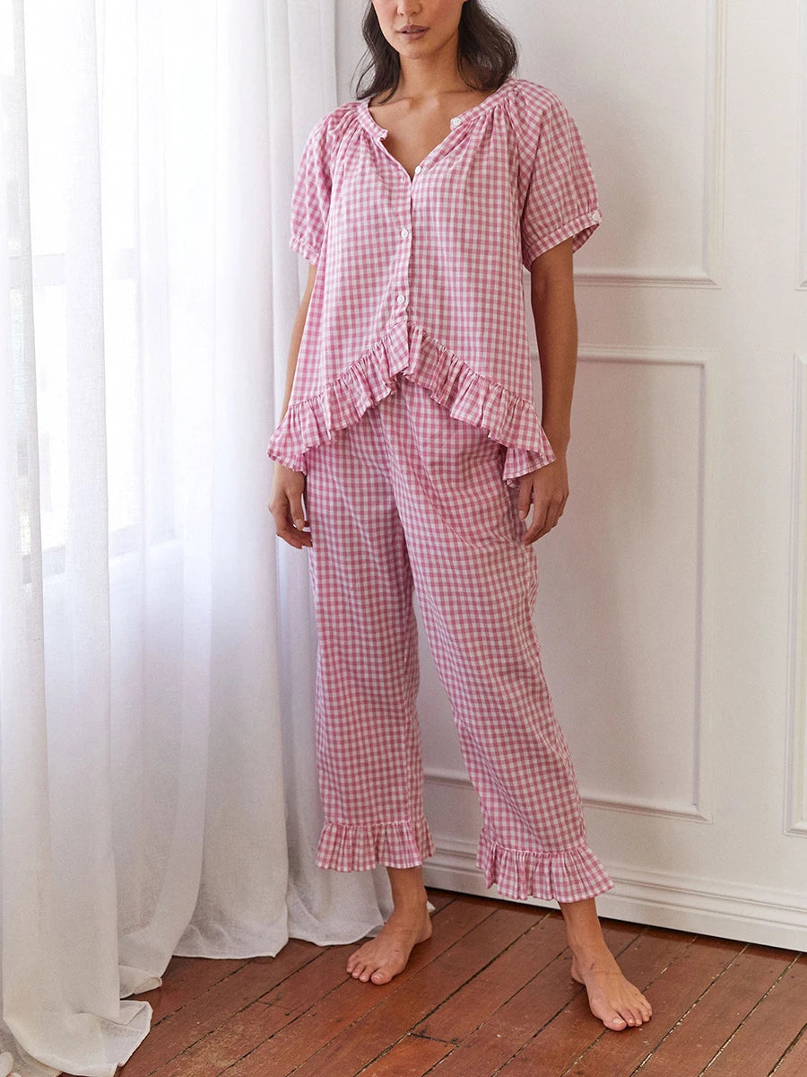 Women Y2k Plaid 2 Piece Pajama Set Tie Front Puff Sleeve Babydoll Shirt Gingham Pants Pj Lounge Set Sleepwear