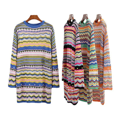 Rainbow Stripes Knitted Dresses Women Fashion Temperament Hollow Out Long Sleeve Pullover Sweater Dress Female Autumn Winter New