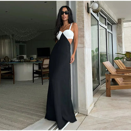 Fashion Gauze Contrasting Color Strap Maxi Dress For Women Elegant Backless Sleeveless High Waist Vestidos Chic Lady Party Robes