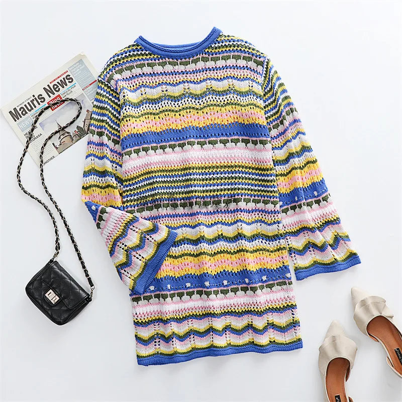 Rainbow Stripes Knitted Dresses Women Fashion Temperament Hollow Out Long Sleeve Pullover Sweater Dress Female Autumn Winter New