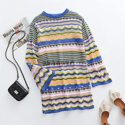 Rainbow Stripes Knitted Dresses Women Fashion Temperament Hollow Out Long Sleeve Pullover Sweater Dress Female Autumn Winter New