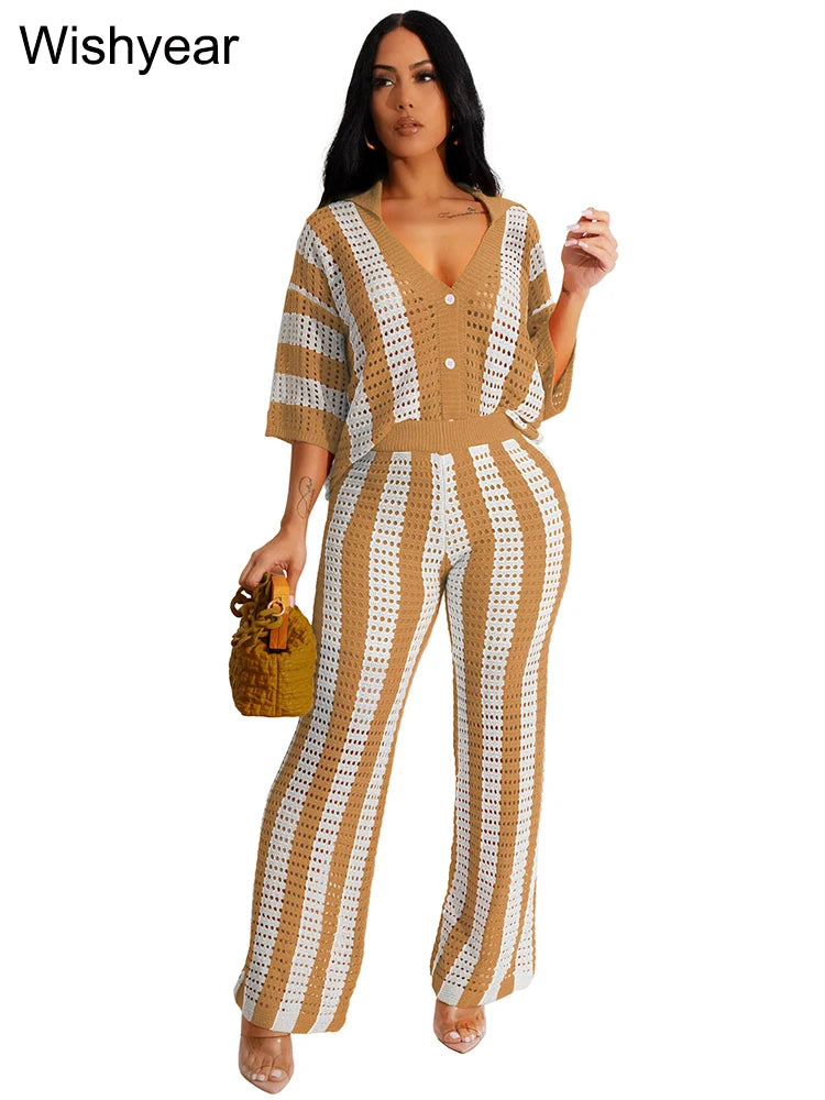 Summer Hollow Stripe Vacation Outfit for Women's Sexy Beach Lapel V Neck Half Sleeves Shirts and Wide Leg Pants Two 2 Piece Sets