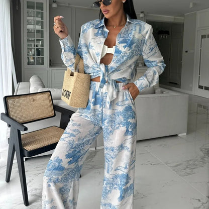 Elegant Women Ink Print Two Piece Pants Set Chic Y2K Tracksuit 2024 Sport Streetwear Outfits Loose Shirt Top Wide Leg Pants Suit